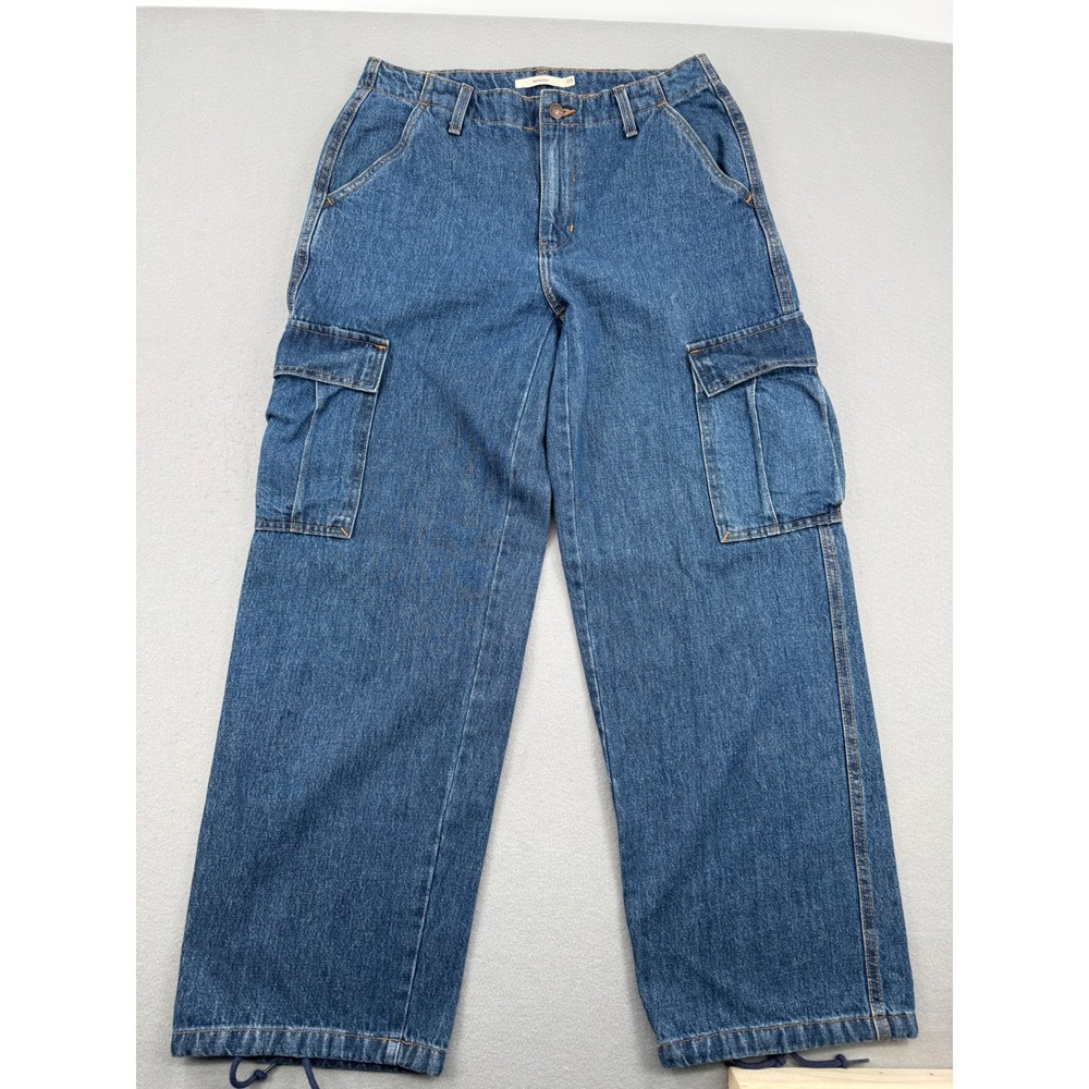 Levis '94 Baggy Cargo Jeans Womens 28 (32x30) Blue Wide Leg Drawstring Hem Y2K